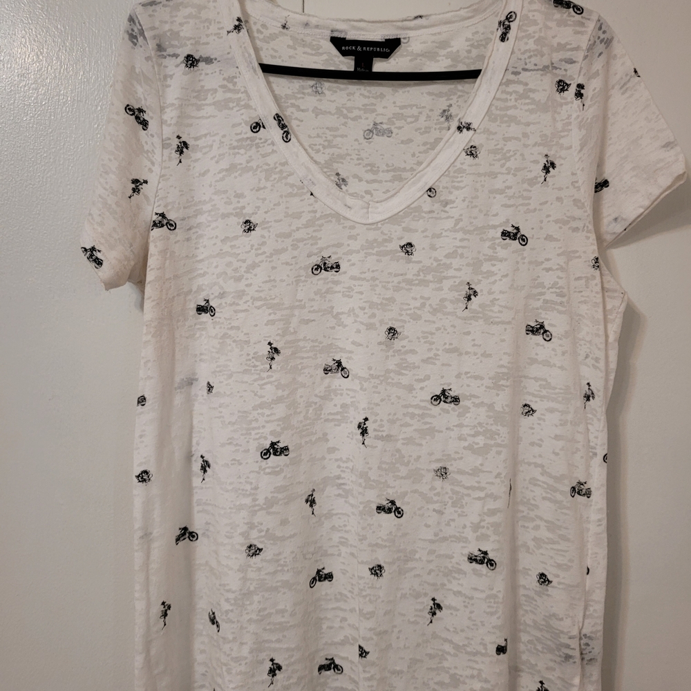 Rock & Republic White and Black Graphic Tee - Motorcycles & Roses